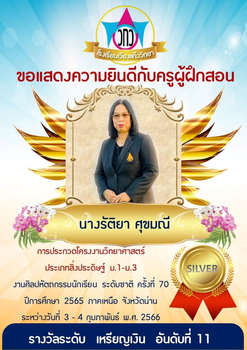 โรงเรียนเวียงแก้ววิทยา สพป.เชียงราย เขต 1 ขอแสดงความยินดีกับครูผู้ฝึกสอน จากการเข้าร่วมการแข่งขัน งานศิลปหัตถกรรมนักเรียน ระดับชาติ ครั้งที่ 70 ปีการศึกษา 2565 ภาคเหนือ จังหวัดน่าน ระหว่างวันที่ 3 - 4 กุมภาพันธ์ พ.ศ. 2566